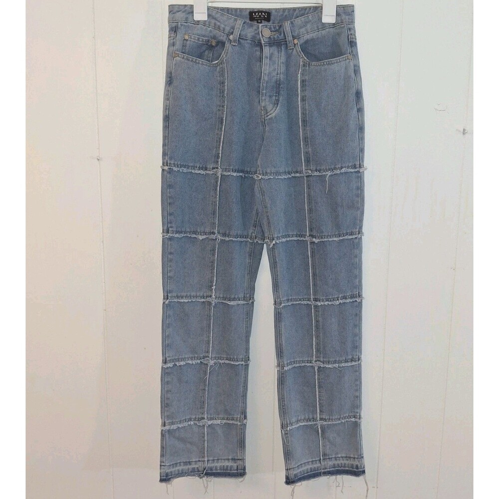 BooHoo Man 30x32 Patchwork Blue Jeans Light Wash Denim Straight Leg Grunge